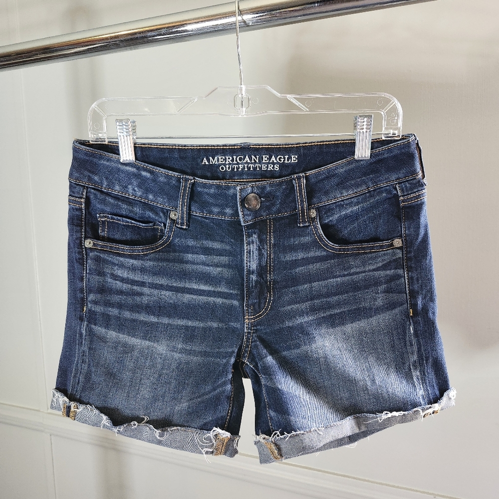 AEO Casual Dark Blue Wash Denim Midi Rise Cutoff Style Shorts
